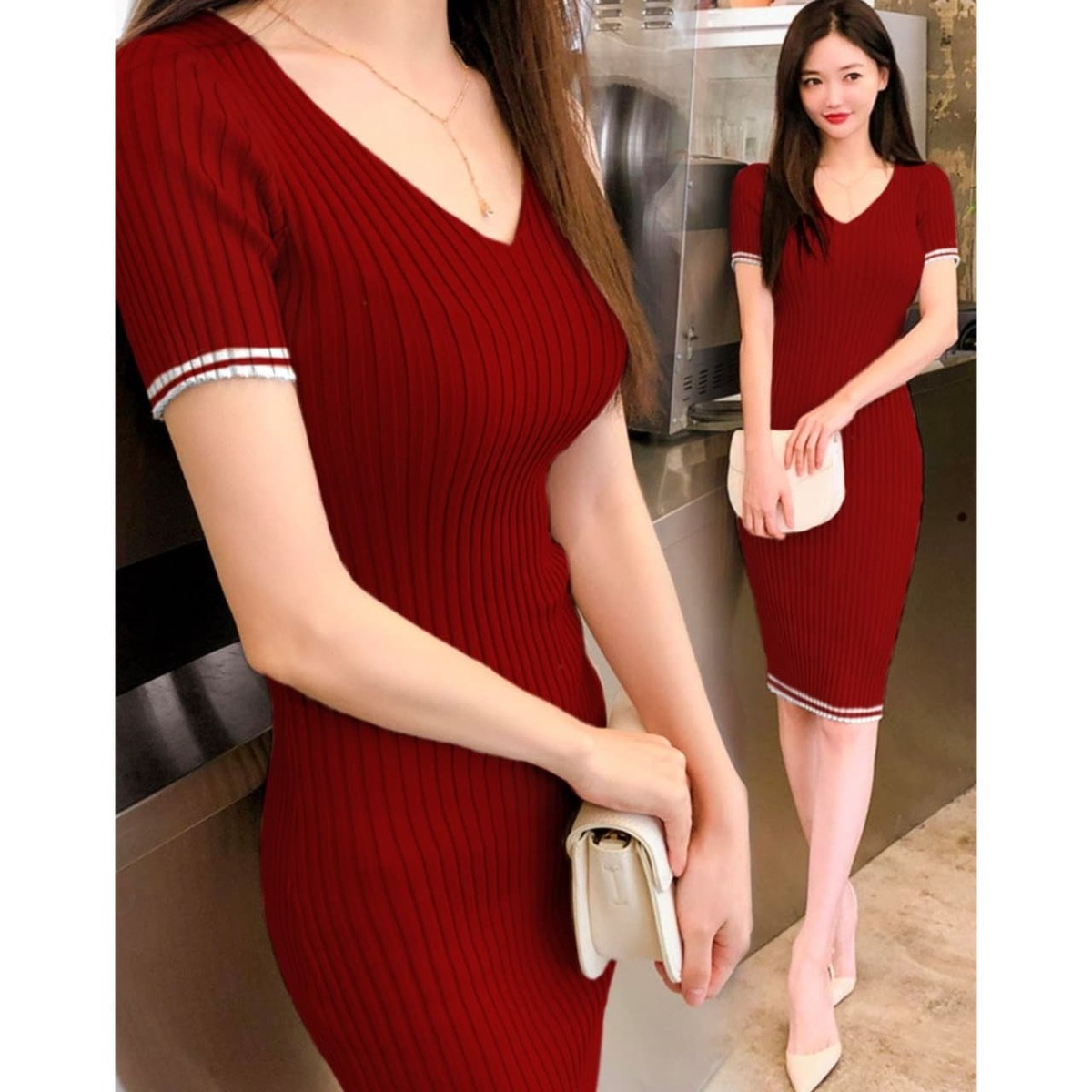 Jual Harga Murah New Arrival Dress Wanita Rajut Maroon Dress Kerah V List Putih Rajut Maroon Bc Berkualitas Ralali Com Harga Grosir 2021 Ralali Com