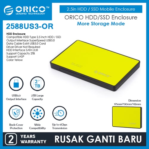 ORICO 2588US3-OR (2.5in HDD / SSD Mobile Enclosure with USB 3.0) Yellow