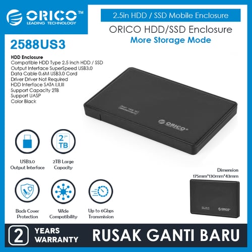ORICO 2588US3 ( 2.5in HDD / SSD Mobile Enclosure with USB 3.0 ) Hitam