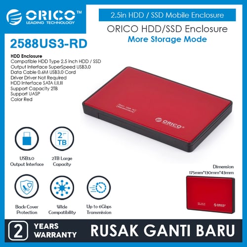 ORICO 2588US3 (2.5in HDD / SSD Mobile Enclosure with USB 3.0) Red