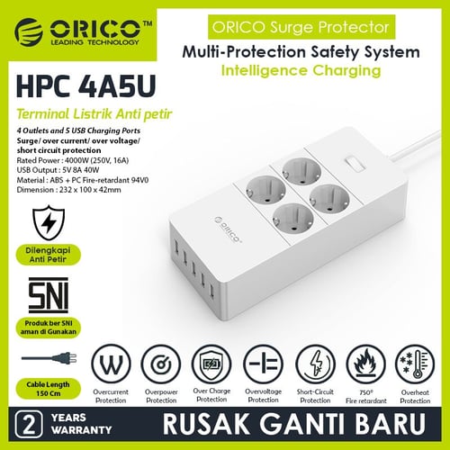ORICO HPC-4A5U-EU Surge Protector Strip 4-Outlet with 5 USB SuperCharger