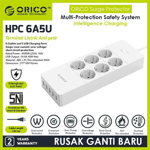 ORICO HPC-6A5U-EU Surge Protector Strip 6-Outlet with 5 USB SuperCharger