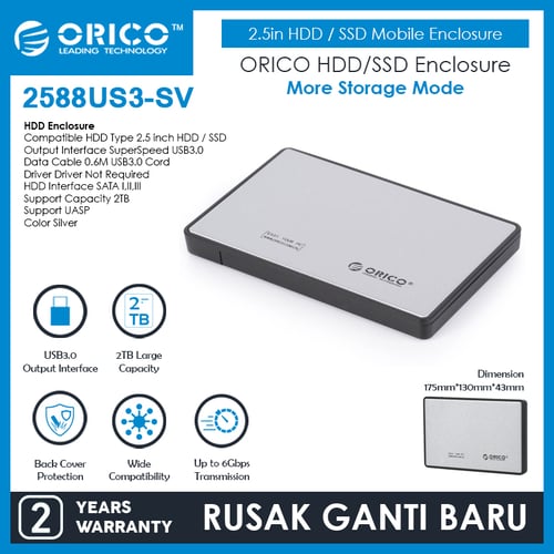 ORICO 2588US3 (2.5in HDD / SSD Mobile Enclosure with USB 3.0) Silver