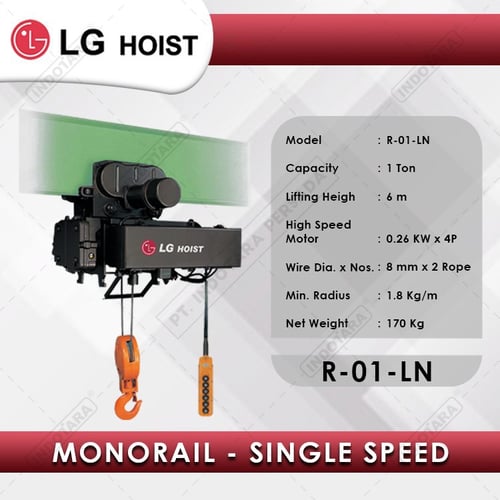 Electric Wire Rope Hoist LGM Monorail Single Speed 1Tx6m R-01-LN