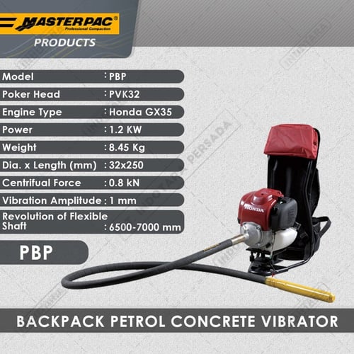 Masterpac Backpack Concrete Vibrator PBP PokerHead PVK32