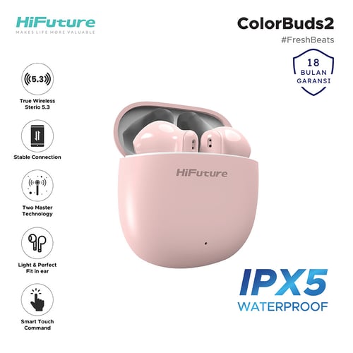 HiFuture Colorbuds2 True Wireless Earphone TWS Earbuds Light Perfect Fit Smart Touch IPX5 Soft Bass - Pink