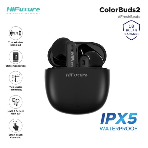 HiFuture Colorbuds2 True Wireless Earphone TWS Earbuds Light Perfect Fit Smart Touch IPX5 Soft Bass - Black