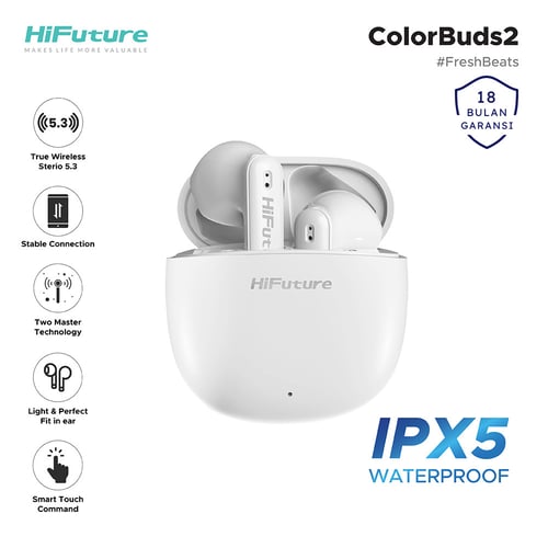 HiFuture Colorbuds2 True Wireless Earphone TWS Earbuds Light Perfect Fit Smart Touch IPX5 Soft Bass - White