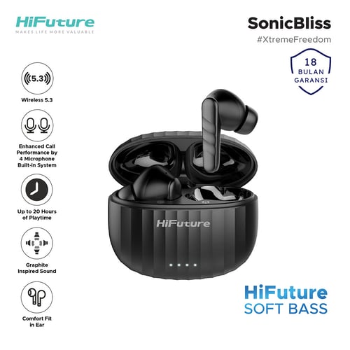 HiFuture SonicBliss True Wireless Earphone TWS Earbuds Built in 4 Mic ENC Soft Bass Type C - Black