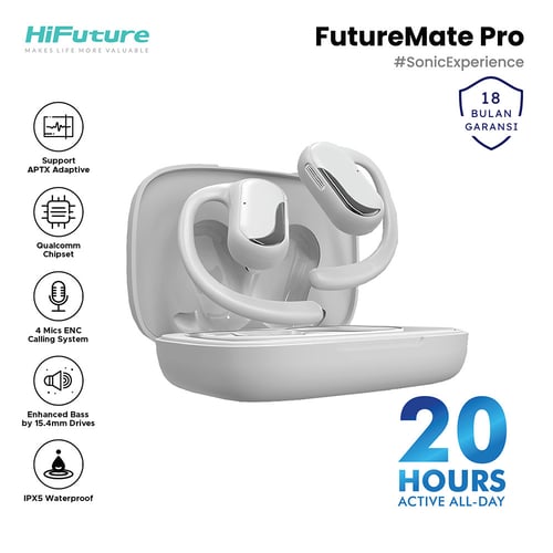 HiFuture FutureMate Pro Open Ear Headphone Air Conduction Comfort Qualcomm APTX ENC Built in 4 Mic Crystal Clear IPX5 - Silver Grey