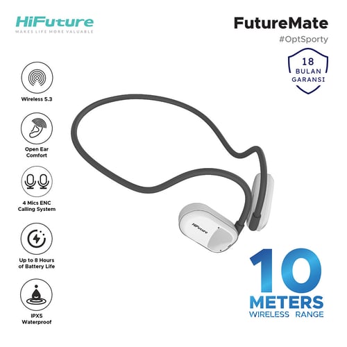 HiFuture FutureMate Open Ear Bluetooth Headphone Comfort Air Conduction ENC Built in 4 Mic IPX5 - Grey White
