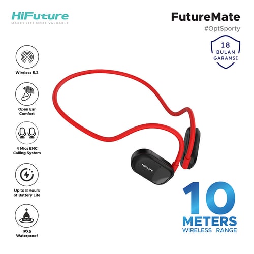 HiFuture FutureMate Open Ear Bluetooth Headphone Comfort Air Conduction ENC Built in 4 Mic IPX5 - Reddish Black