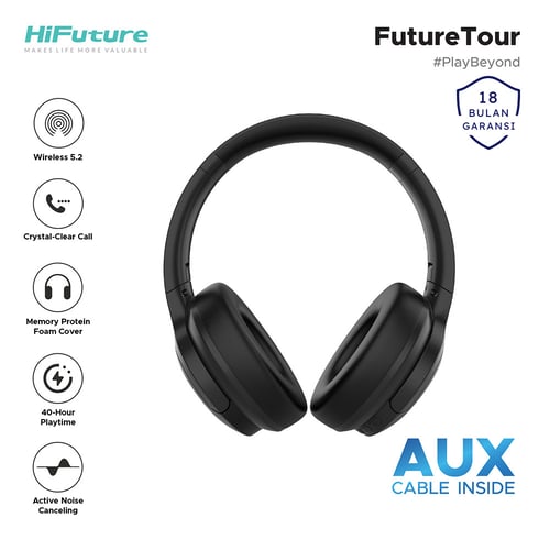 HiFuture FutureTour Bluetooth Headphone ANC Active Noise Cancellation Clear Voice Aux Type C - Black