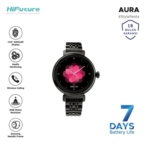 HiFuture Aura Bluetooth Calling Women Smartwatch Amoled Display IP68 Health Monitor Metallic Frame - Black