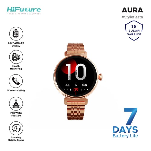 HiFuture Aura Bluetooth Calling Women Smartwatch Amoled Display IP68 Health Monitor Metallic Frame - Rose Gold