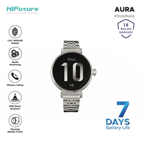 HiFuture Aura Bluetooth Calling Women Smartwatch Amoled Display IP68 Health Monitor Metallic Frame - Silver