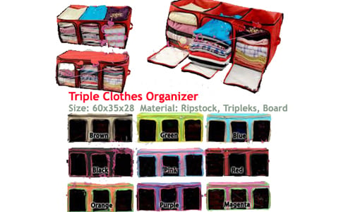 Triple Clothes Organizer bahan ripstock, sekat 4 tripleks bungkus kain