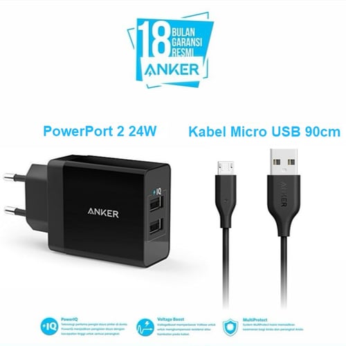 Anker Wall Charger PowerPort 2 & 3ft/0.9m Micro USB Hitam - B2021L11