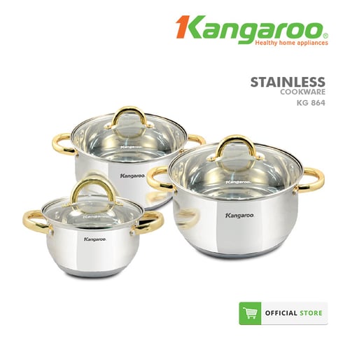 Kangaroo Cookware - Alat Masak - Panci 3 Set KG864 Inox Stainless Steel Bebas PFOA Untuk Semua Jenis Kompor Handle Gold