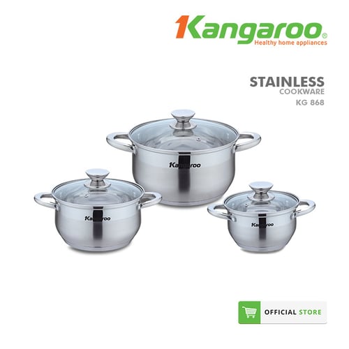 Kangaroo Cookware - Alat Masak - Panci 3 Set KG868 Inox Stainless Steel Bebas PFOA Untuk Semua Jenis Kompor
