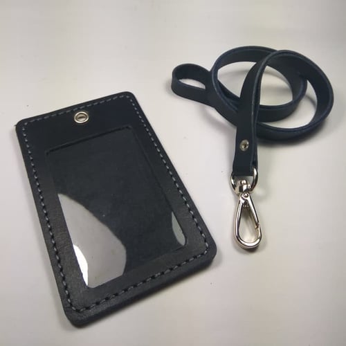 PROMO MURAH gantungan ID card kulit asli warna hitam | id card holder tali id card