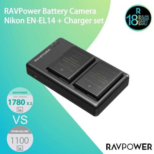 RAVPower Battery Camera Nikon EN-EL14 + Charger set RP-BC002