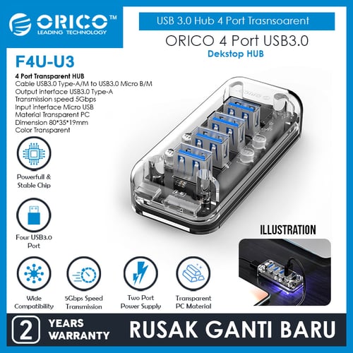 ORICO F4U-U3 4 Port USB3.0 Transparent HUB