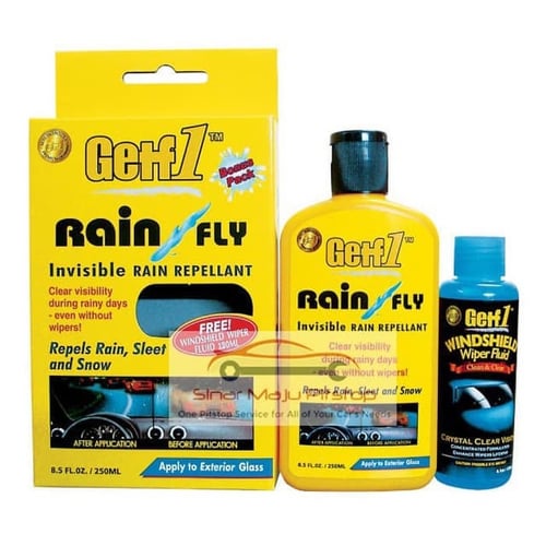 GETF1 Rain Fly 250 Ml & Bonus Windshield Wiper Fluid 120 Ml - Cairan Pelapis Kaca Mobil ANTI AIR - Pembersih & Penjernih Kaca Mobil Original Made In Malaysia
