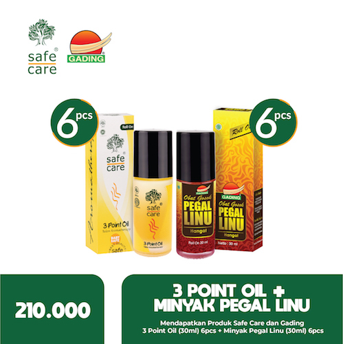 Paket MIX ukuran 30 ml - Safe Care 3 Point Oil 6 pcs + Gading Minyak Pegal Linu 6 pcs