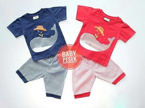 Pakaian Baju Setelan Anak Bayi Laki-Laki Cowok  Whale  6 - 18 bln