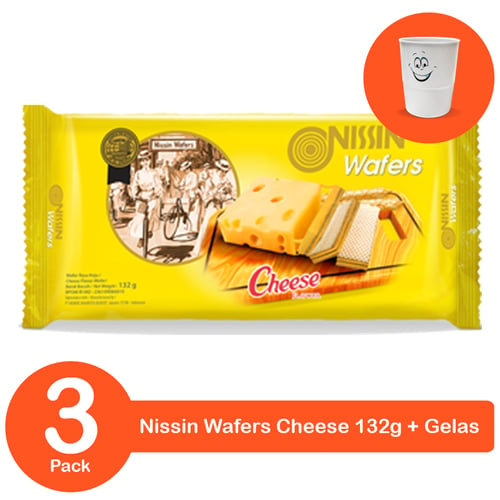 Nissin Wafers Cheese 132gr Bundling 3 Pack + Gelas Cantik