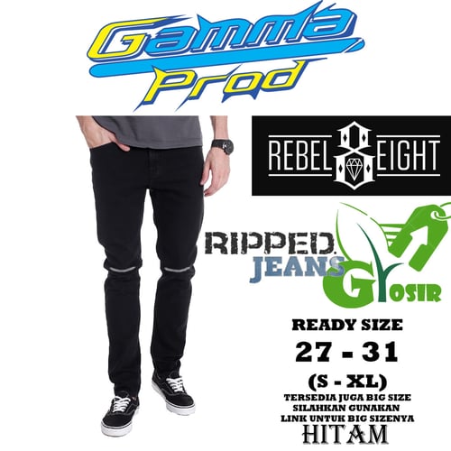 REBEL 8 Celana Soft Jeans Pria Slim Fit Ripped Lutut