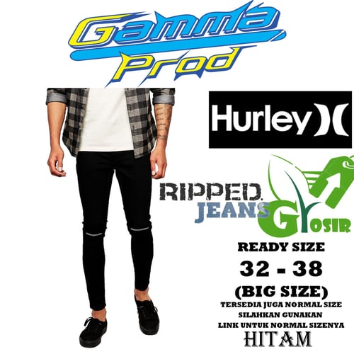HURLEY Celana Soft Jeans Pria Slim Fit Ripped Lutut Big Size
