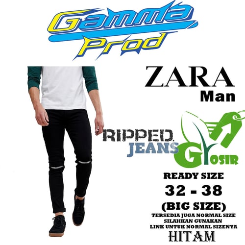 ZARA Celana Soft Jeans Pria Slim Fit Ripped Lutut Big Size