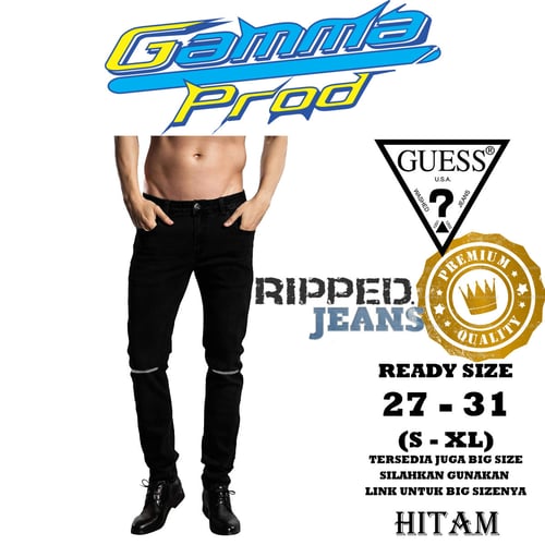 GUESS Celana Soft Jeans Pria Slim Fit Ripped Zipper YKK