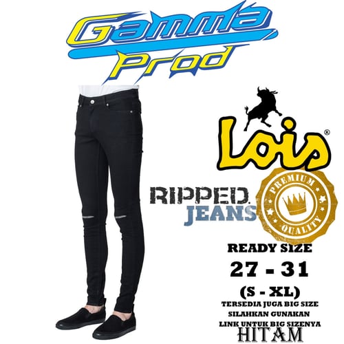 LOIS Celana Soft Jeans Pria Slim Fit Ripped Lutut Zipper YKK