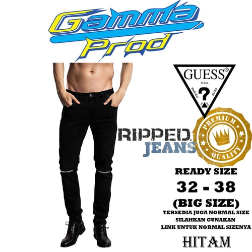 GUESS Celana Soft Jeans Pria Slim Fit Ripped Big Size Zipper YKK