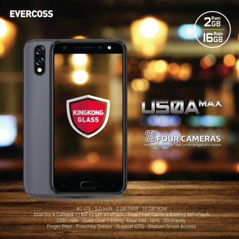 EVERCOSS U50A MAX 5 INCH/4G LTE/RAM 2GB/DUAL REAR AND FRONT CAMERA