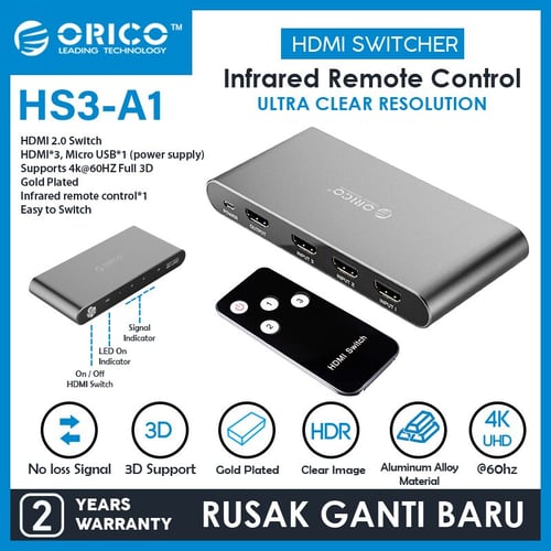 ORICO 4K UHD HDMI SWITCHER WITH INFRARED REMOTE CONTROL - HS3-A1
