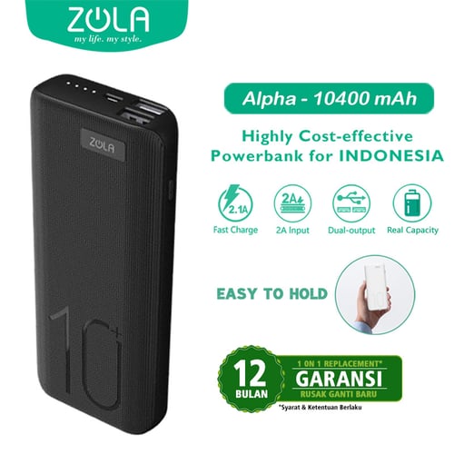 Powerbank ZOLA Alpha 10400mAh Fast Charge 2.1A Dua Output - Hitam