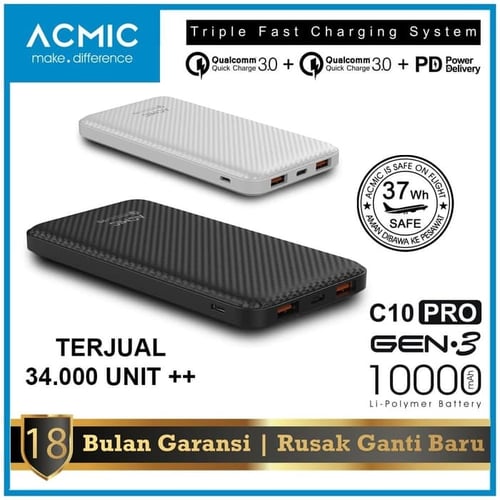 ACMIC C10PRO 10000mAh PowerBank Quick Charge 3.0 + PD Power Delivery - Hitam