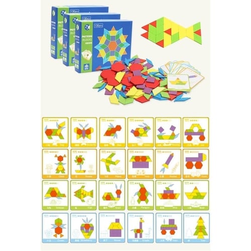 Mainan Edukasi Anak - Pattern Blocks Montessori Toys Isi 130 Pcs