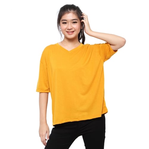 Rimas V-Neck Spandex T-shirt Wanita - Mustard Size XXL