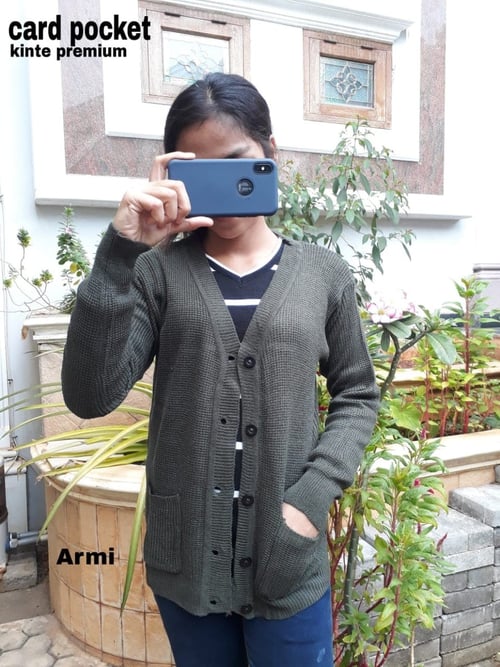 New Arrival Cardigan Wanita Rajut Hijau Army Cardy Pocket Rajut Army Ro