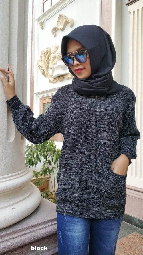 New Arrival Sweater Wanita Rajut Twiss Hitam Sweater Poket Twis Pj Black Ro