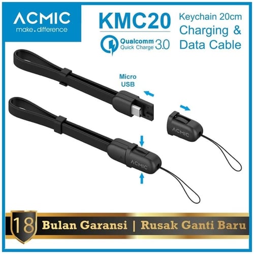 ACMIC KMC20 Kabel Data Charger 20cm Micro USB Fast Charging Cable - Hitam