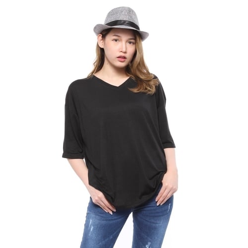 Rimas V-Neck Spandex T-shirt Wanita - Hitam Size L