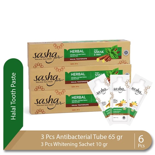 SASHA Tooth Paste Antibacterial 65 gr Bundling 3 Pcs Whitening Sachet 10 gr