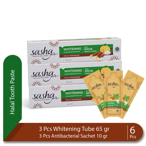 SASHA Tooth Paste Whitening 65 gr Bundling 3 Pcs Antibacterial Sachet 10 gr
