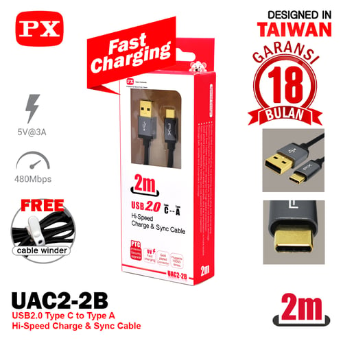 Fast Charging Type A-C 3A Kabel USB&Charger 1m PX UAC2-2B Hitam
